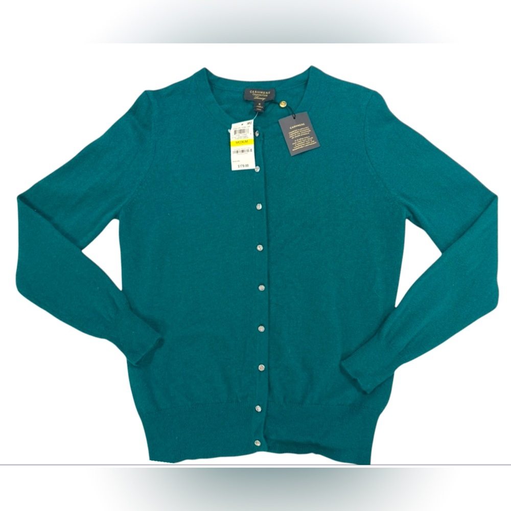 Charter Club Luxury 100% Cashmere Forrest Green Rhinestone Button Cardigan Med